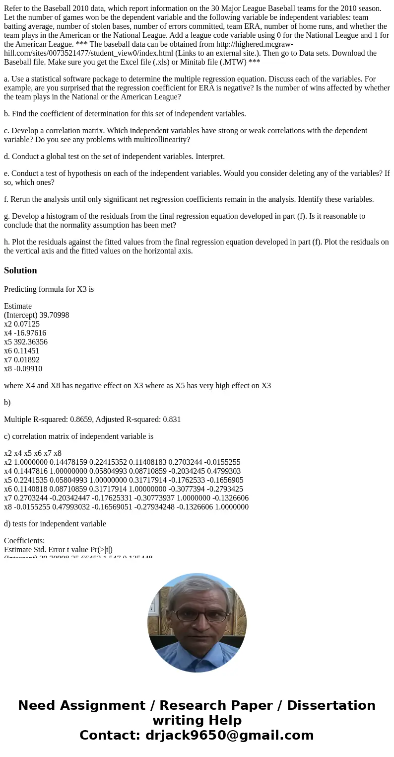 Refer to the Baseball 2010 data, which report information on the 30 Major League Baseball teams for the 2010 season. Let the number of games won be the dependen Refer to the Baseball 2010 data, which report information on the 30 Major League Baseball teams for the 2010 season. Let the number of games won be the dependen