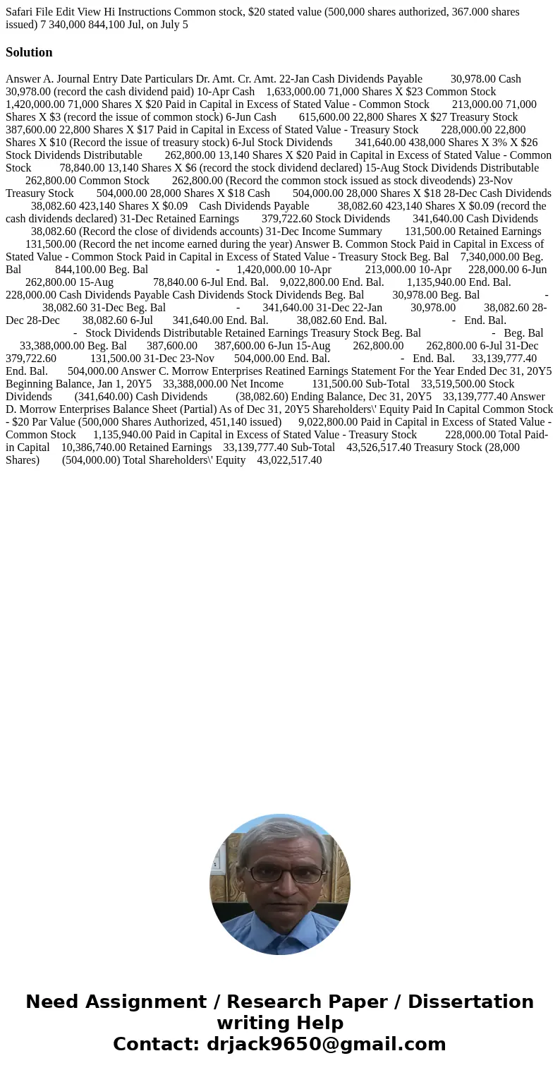 Safari File Edit View Hi Instructions Common stock, $20 stated value (500,000 shares authorized, 367.000 shares issued) 7 340,000 844,100 Jul, on July 5 Soluti  Safari File Edit View Hi Instructions Common stock, $20 stated value (500,000 shares authorized, 367.000 shares issued) 7 340,000 844,100 Jul, on July 5 Soluti