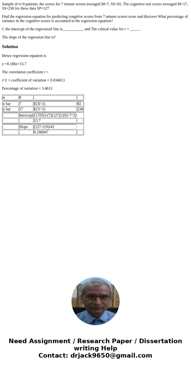 Sample of n=9 patients, the scores for 7 minute screen averaged M=7, SS=92, The cognetive test scores averaged M=17, SS=236 for these data SP=127 Find the regre