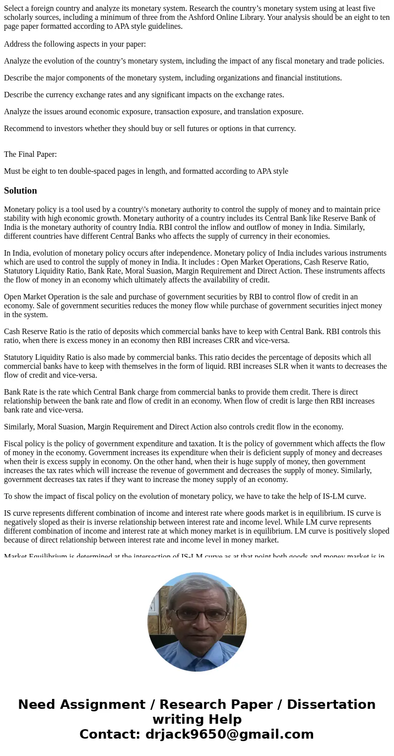 Select a foreign country and analyze its monetary system. Research the country’s monetary system using at least five scholarly sources, including a minimum of t