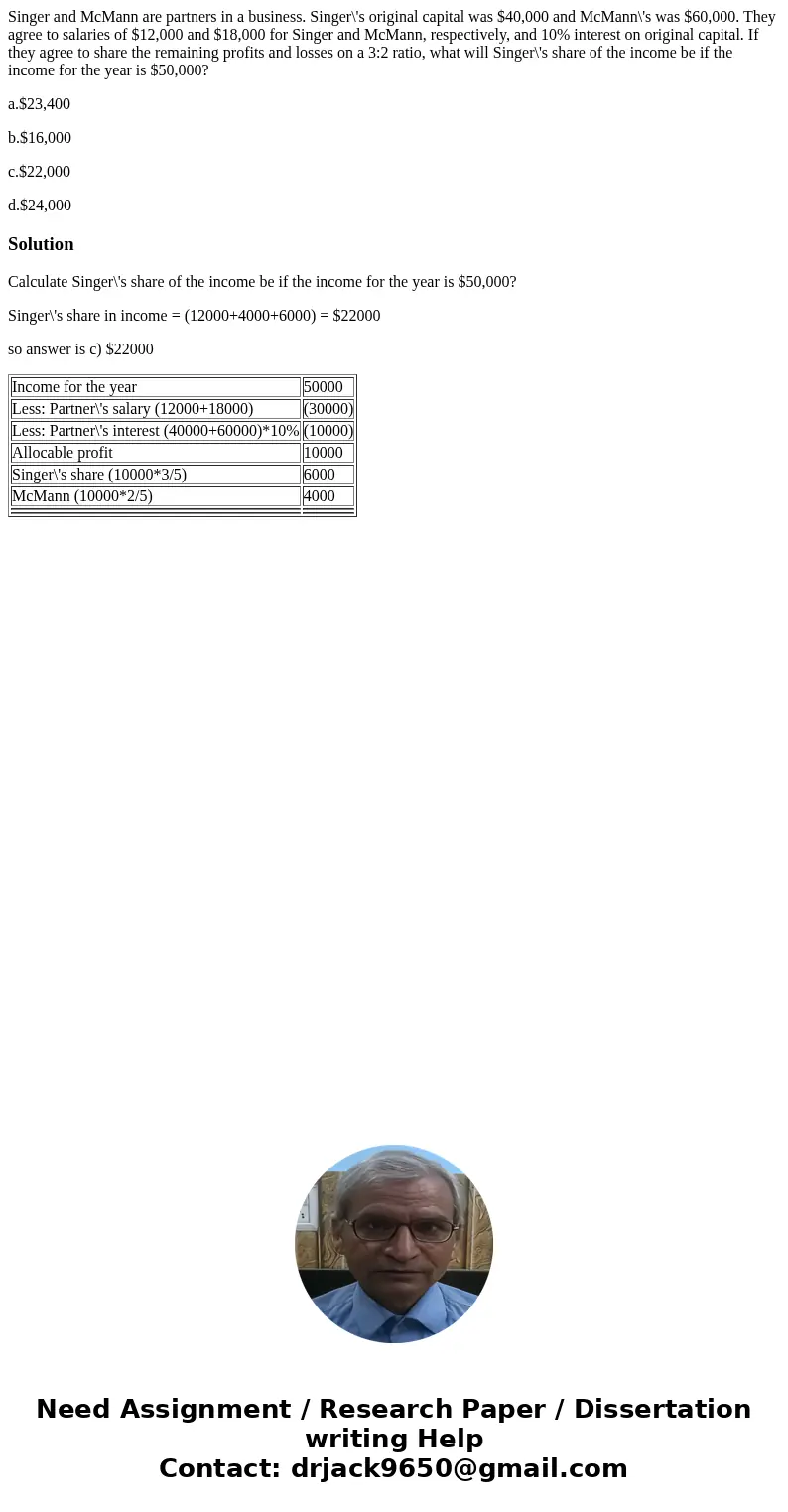 Singer and McMann are partners in a business. Singer\'s original capital was $40,000 and McMann\'s was $60,000. They agree to salaries of $12,000 and $18,000 fo Singer and McMann are partners in a business. Singer\'s original capital was $40,000 and McMann\'s was $60,000. They agree to salaries of $12,000 and $18,000 fo