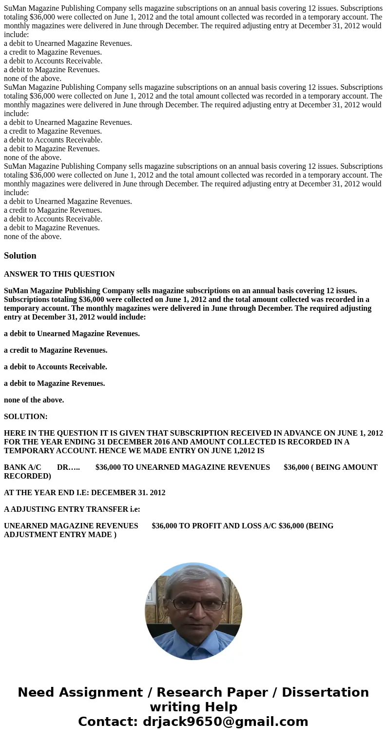  SuMan Magazine Publishing Company sells magazine subscriptions on an annual basis covering 12 issues. Subscriptions totaling $36,000 were collected on June 1, 