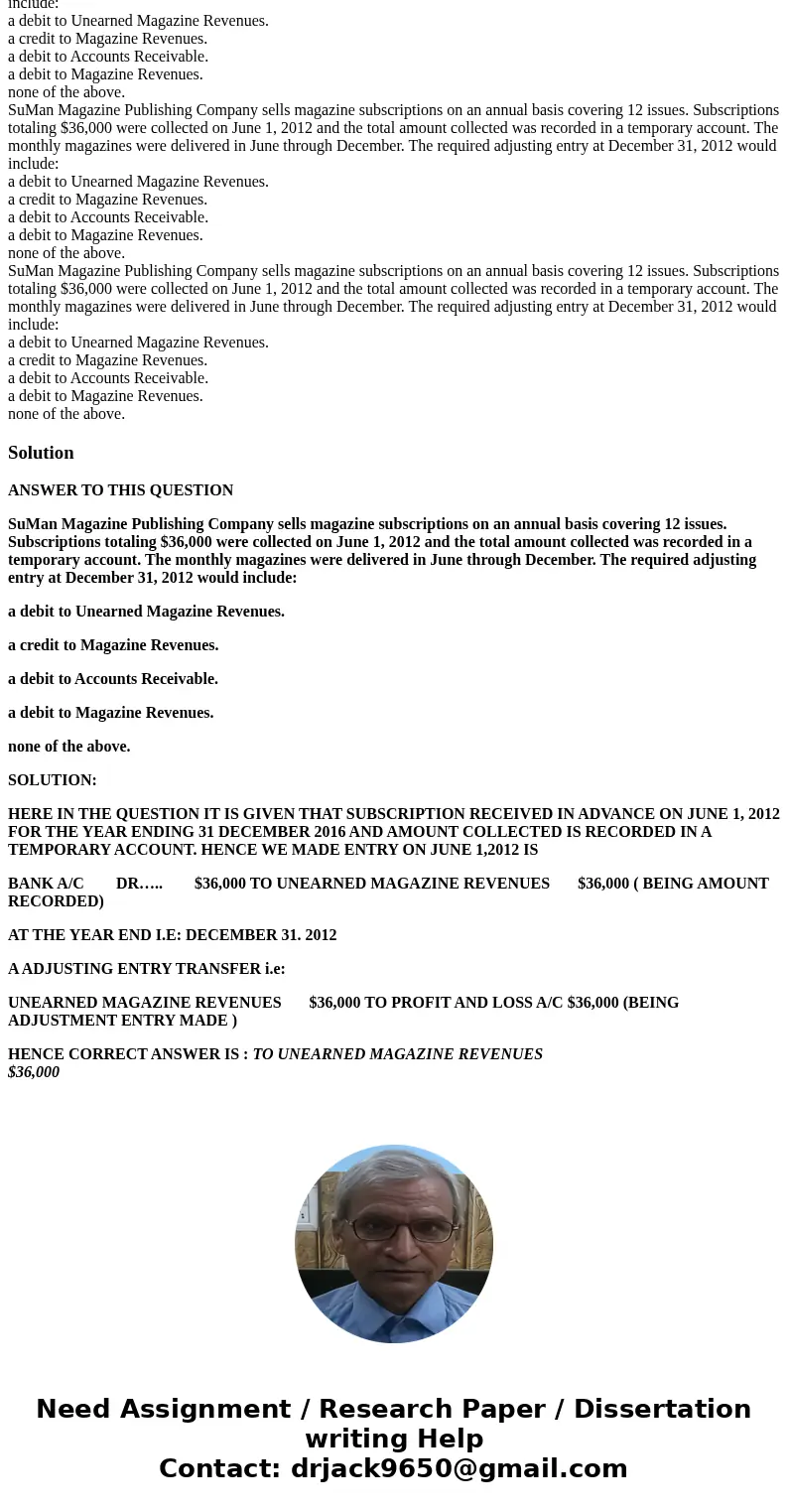  SuMan Magazine Publishing Company sells magazine subscriptions on an annual basis covering 12 issues. Subscriptions totaling $36,000 were collected on June 1, 