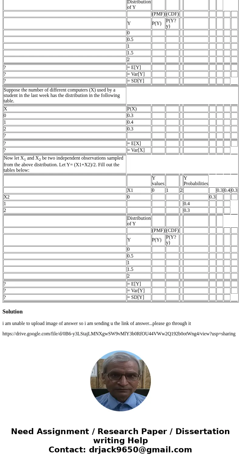  Suppose the number of different computers (X) used by a student in the last week has the distribution in the following table. X P(X) 0 0.3 1 0.4 2 0.3 ? ? = E[