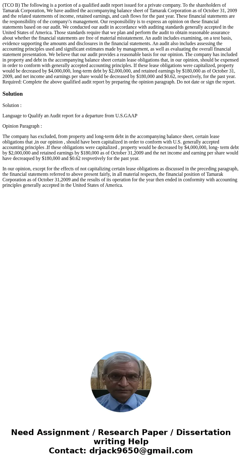 (TCO B) The following is a portion of a qualified audit report issued for a private company. To the shareholders of Tamarak Corporation, We have audited the acc (TCO B) The following is a portion of a qualified audit report issued for a private company. To the shareholders of Tamarak Corporation, We have audited the acc