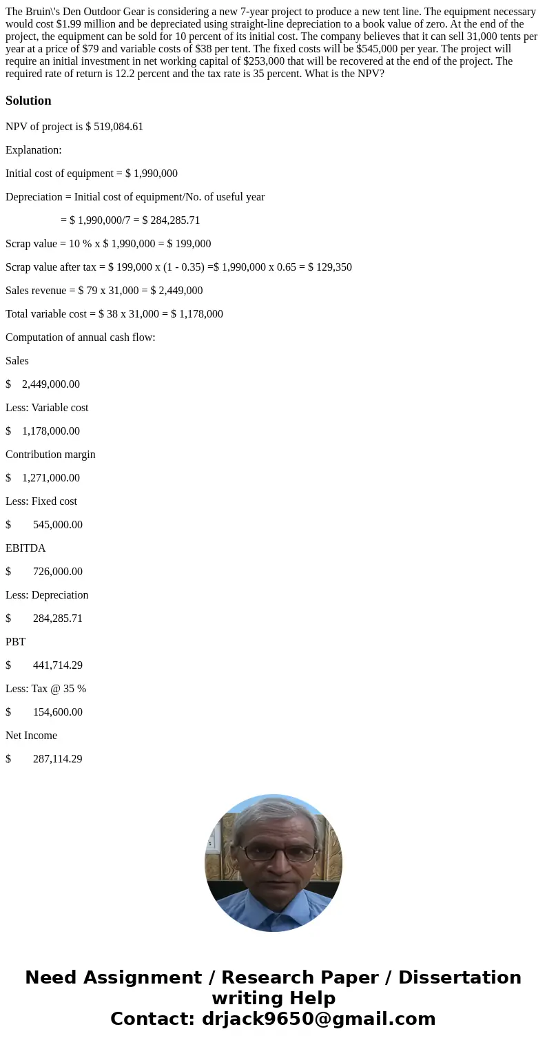 The Bruin\'s Den Outdoor Gear is considering a new 7-year project to produce a new tent line. The equipment necessary would cost $1.99 million and be depreciate The Bruin\'s Den Outdoor Gear is considering a new 7-year project to produce a new tent line. The equipment necessary would cost $1.99 million and be depreciate