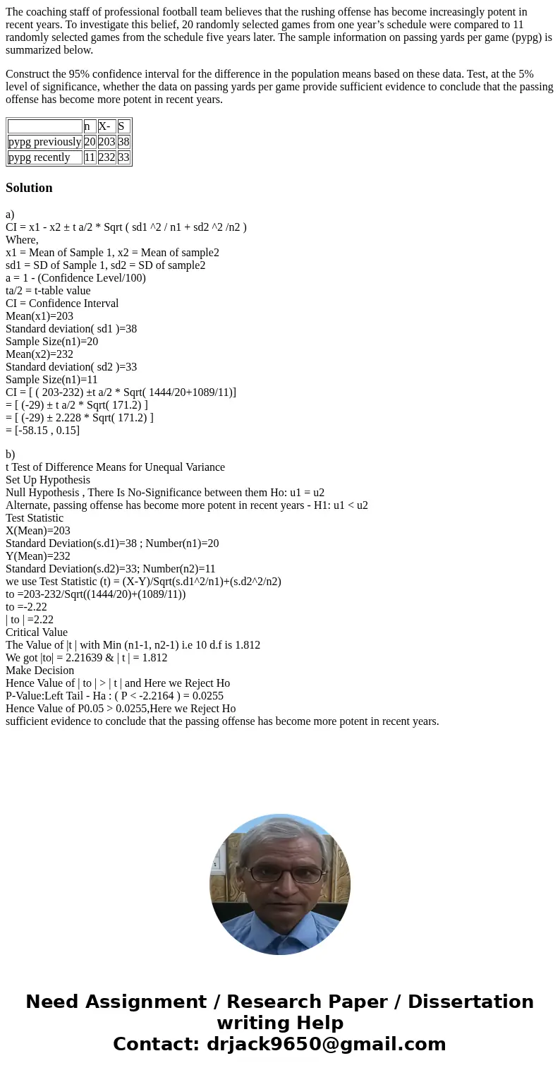 The coaching staff of professional football team believes that the rushing offense has become increasingly potent in recent years. To investigate this belief, 2 The coaching staff of professional football team believes that the rushing offense has become increasingly potent in recent years. To investigate this belief, 2