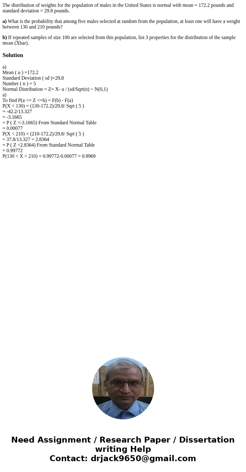 The distribution of weights for the population of males in the United States is normal with mean = 172.2 pounds and standard deviation = 29.8 pounds. a) What is The distribution of weights for the population of males in the United States is normal with mean = 172.2 pounds and standard deviation = 29.8 pounds. a) What is