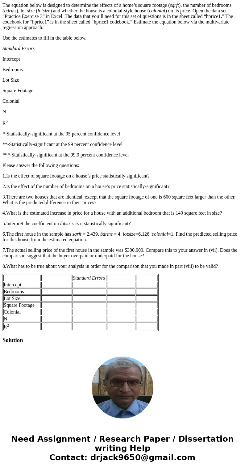 The equation below is designed to determine the effects of a home’s square footage (sqrft), the number of bedrooms (bdrms), lot size (lotsize) and whether the h