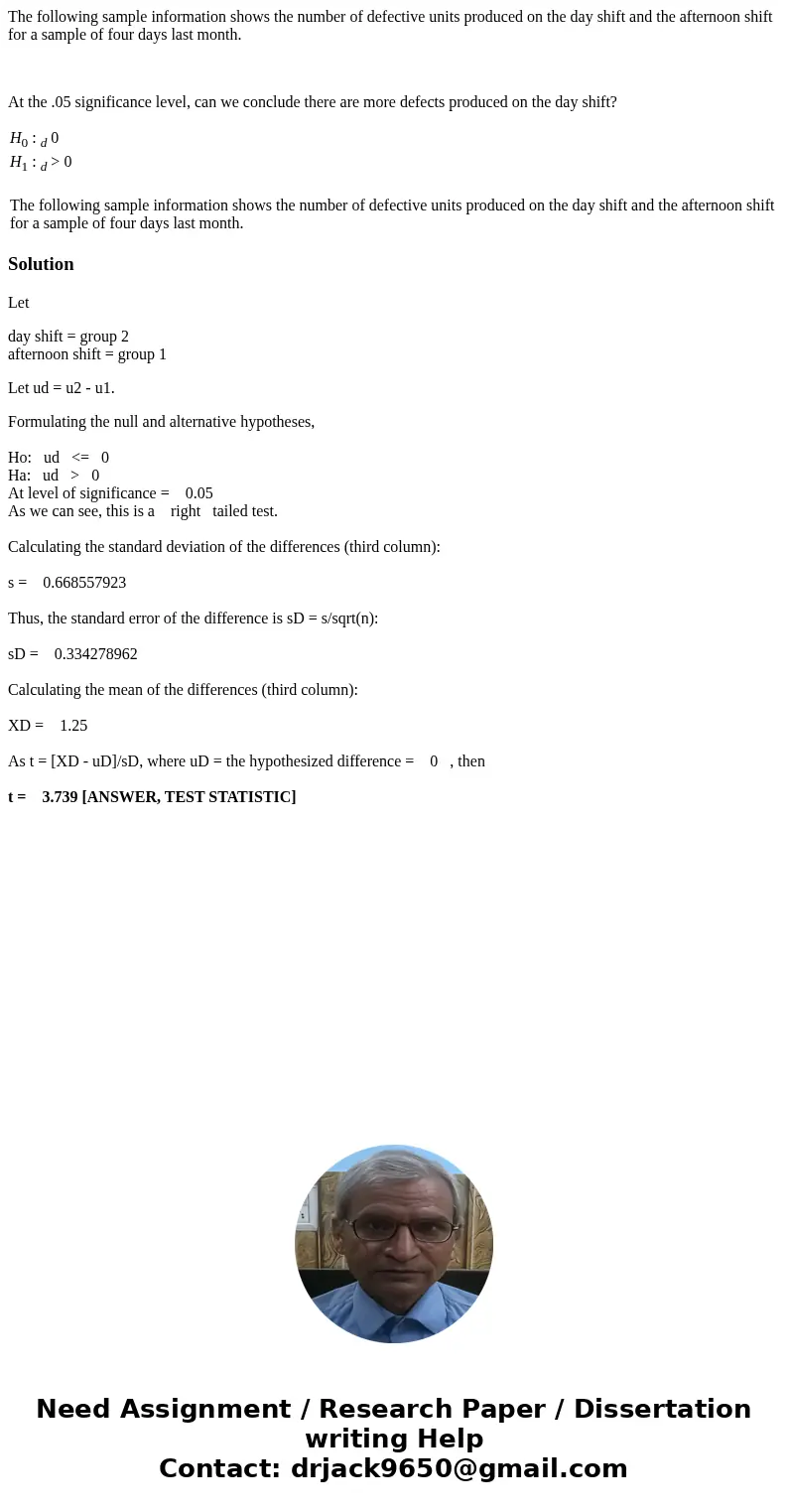 The following sample information shows the number of defective units produced on the day shift and the afternoon shift for a sample of four days last month. At  The following sample information shows the number of defective units produced on the day shift and the afternoon shift for a sample of four days last month. At