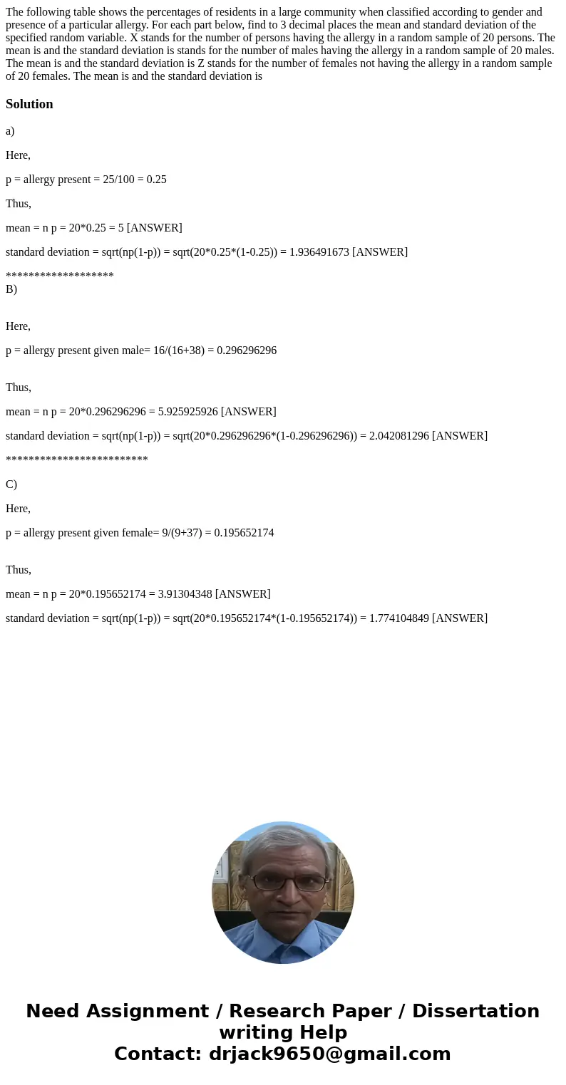 The following table shows the percentages of residents in a large community when classified according to gender and presence of a particular allergy. For each   The following table shows the percentages of residents in a large community when classified according to gender and presence of a particular allergy. For each
