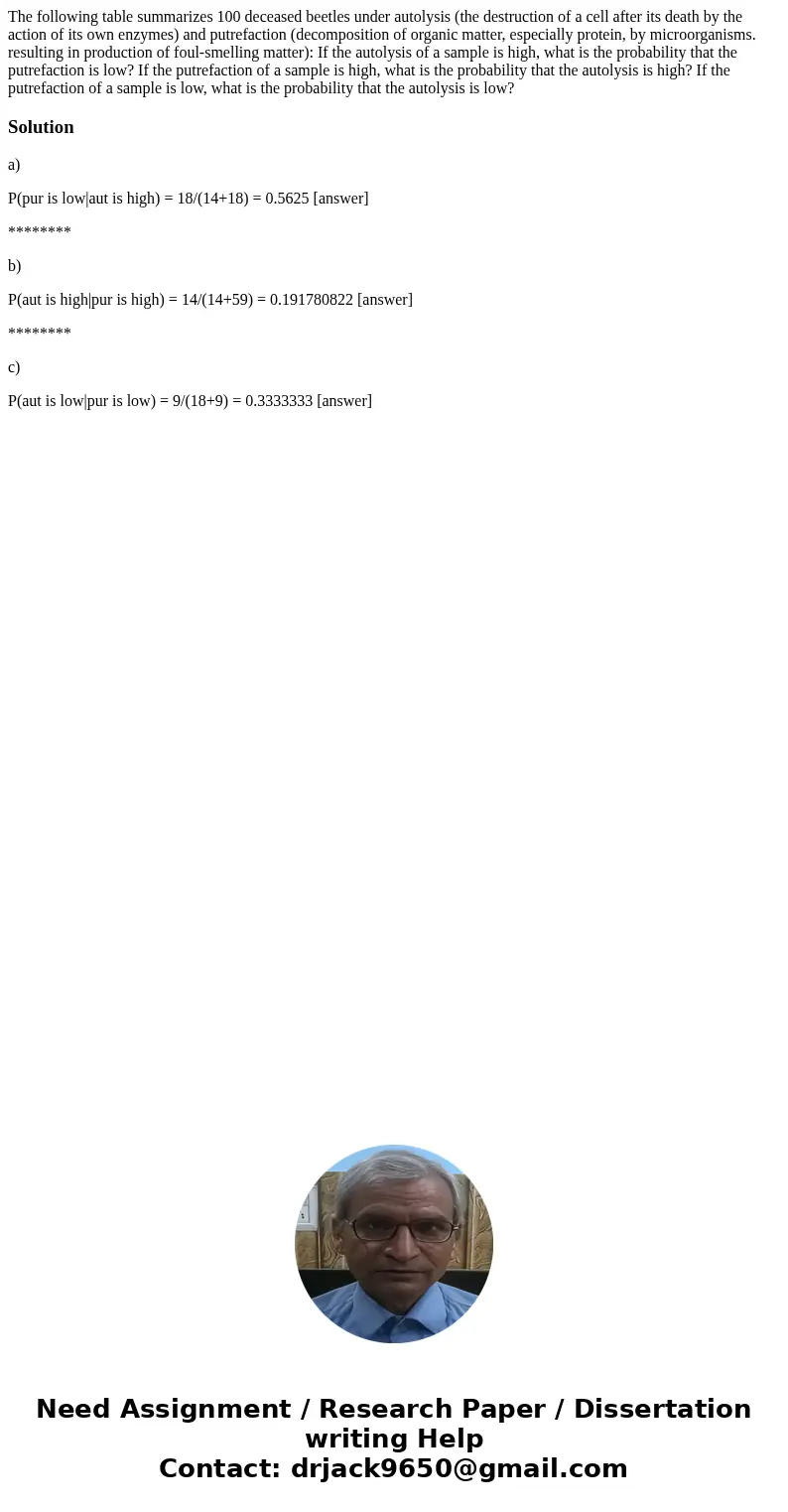 The following table summarizes 100 deceased beetles under autolysis (the destruction of a cell after its death by the action of its own enzymes) and putrefacti  The following table summarizes 100 deceased beetles under autolysis (the destruction of a cell after its death by the action of its own enzymes) and putrefacti