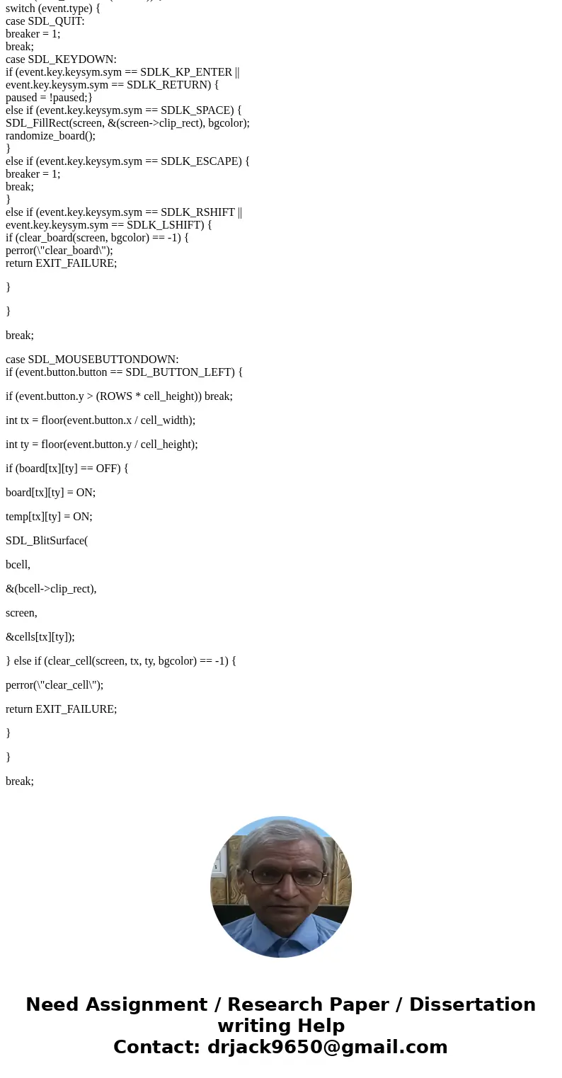 The Game of Life Write a complete C program that implements Conway\'s Game of Life. The rules for the Game of Life are simple. The universe consists of a two-di