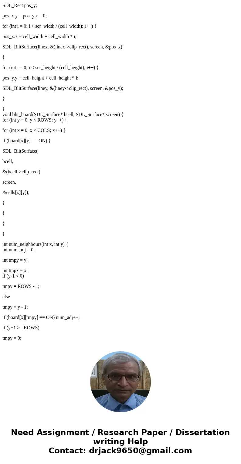 The Game of Life Write a complete C program that implements Conway\'s Game of Life. The rules for the Game of Life are simple. The universe consists of a two-di