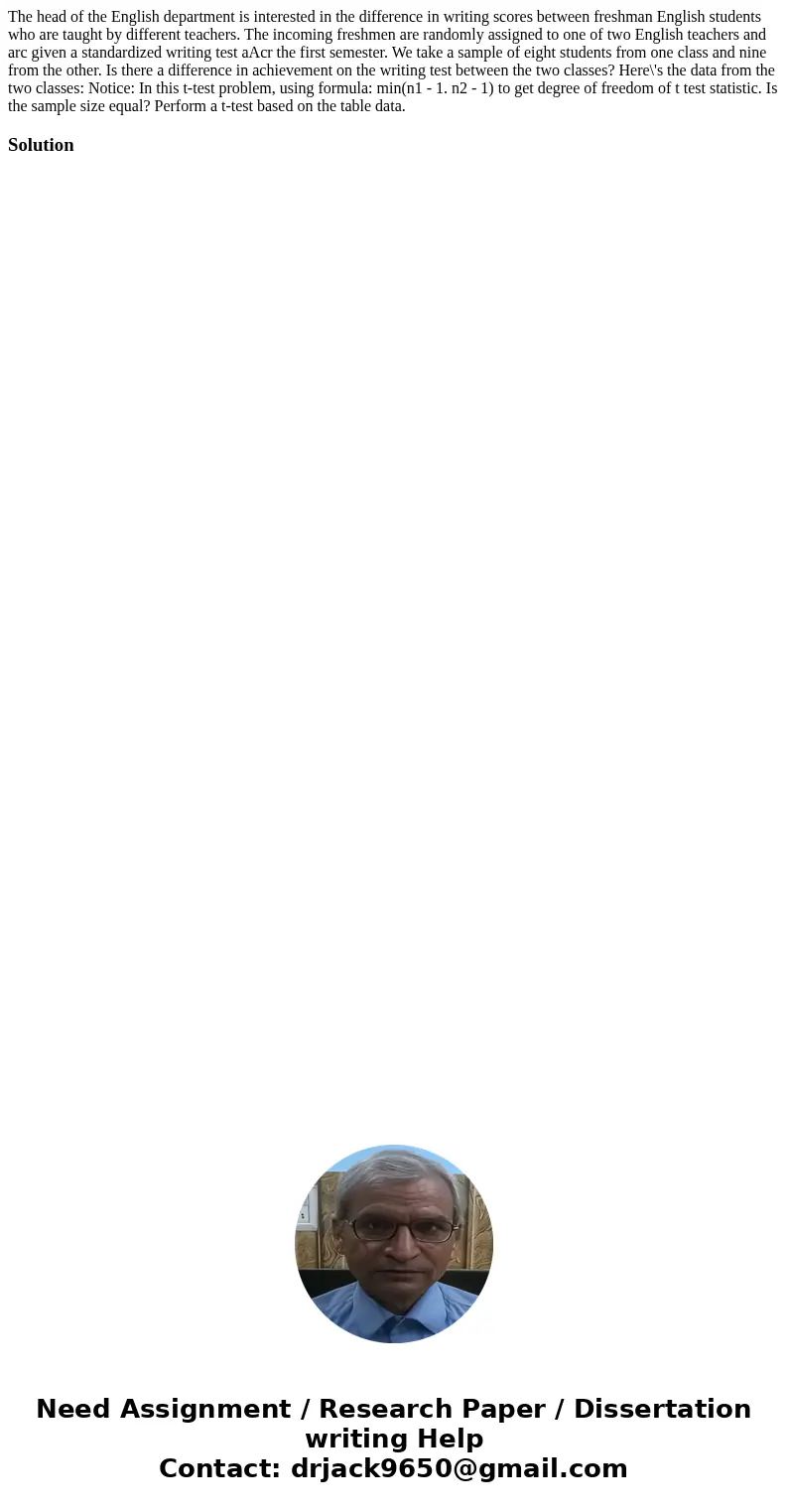 The head of the English department is interested in the difference in writing scores between freshman English students who are taught by different teachers. Th  The head of the English department is interested in the difference in writing scores between freshman English students who are taught by different teachers. Th