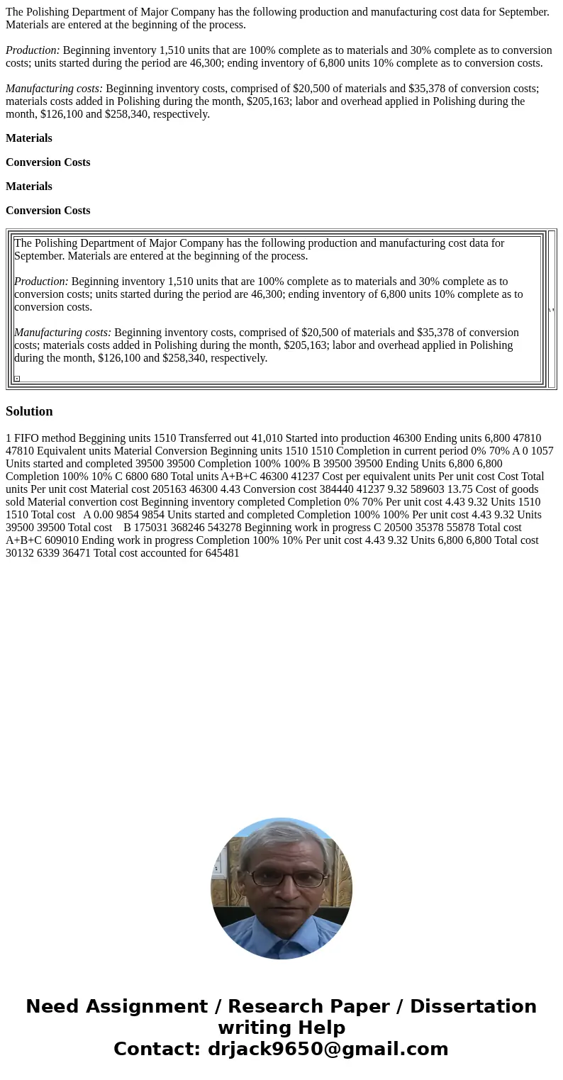 The Polishing Department of Major Company has the following production and manufacturing cost data for September. Materials are entered at the beginning of the 