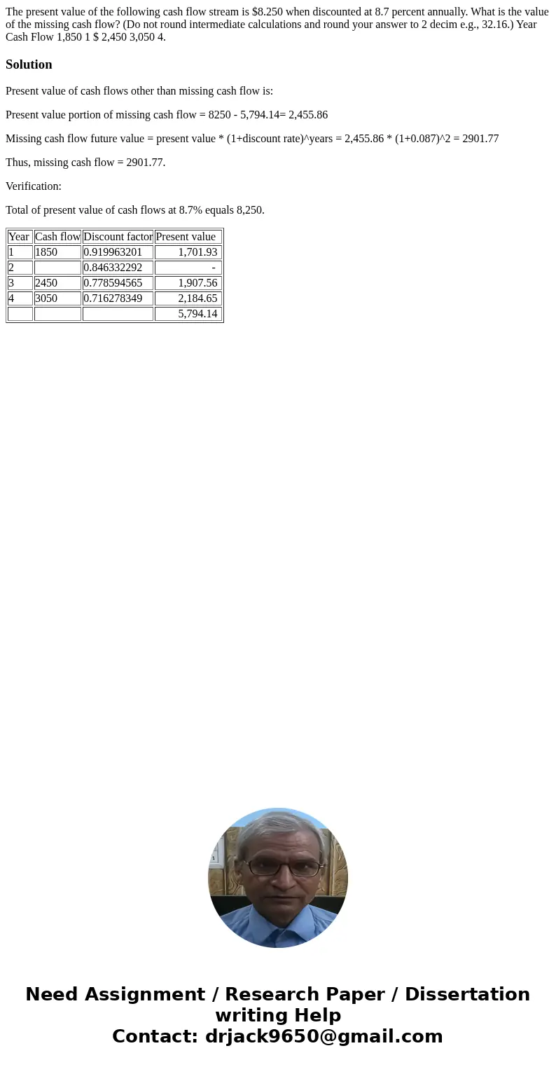 The present value of the following cash flow stream is $8.250 when discounted at 8.7 percent annually. What is the value of the missing cash flow? (Do not roun  The present value of the following cash flow stream is $8.250 when discounted at 8.7 percent annually. What is the value of the missing cash flow? (Do not roun