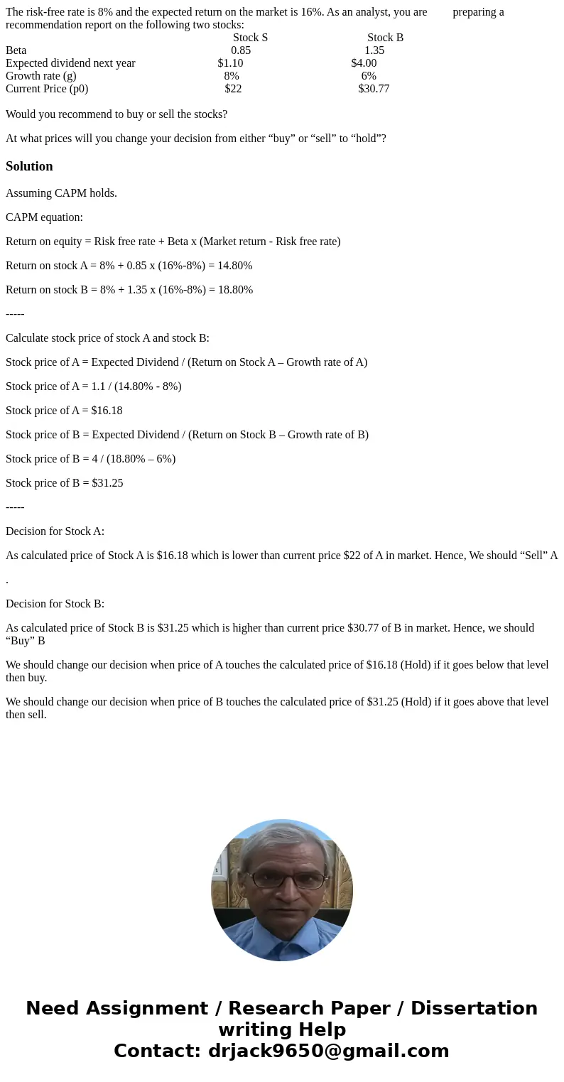 The risk-free rate is 8% and the expected return on the market is 16%. As an analyst, you are preparing a recommendation report on the following two stocks: Sto The risk-free rate is 8% and the expected return on the market is 16%. As an analyst, you are preparing a recommendation report on the following two stocks: Sto