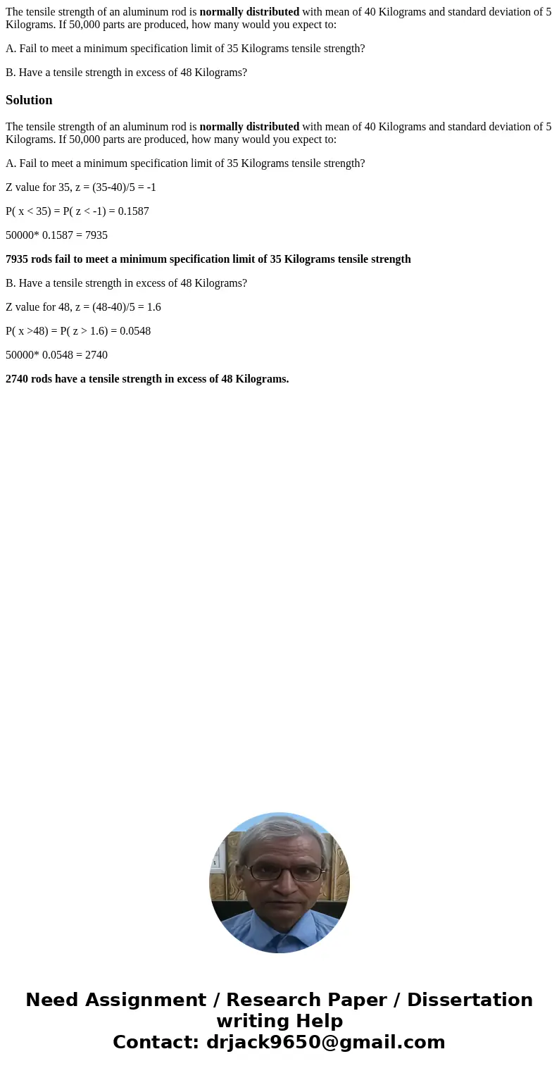 The tensile strength of an aluminum rod is normally distributed with mean of 40 Kilograms and standard deviation of 5 Kilograms. If 50,000 parts are produced, h The tensile strength of an aluminum rod is normally distributed with mean of 40 Kilograms and standard deviation of 5 Kilograms. If 50,000 parts are produced, h