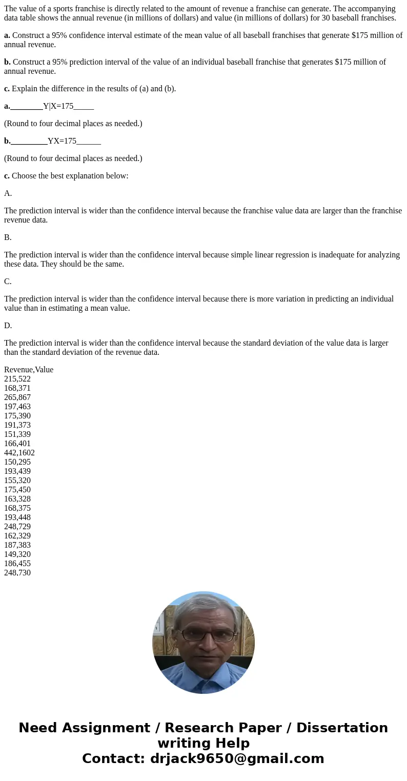 The value of a sports franchise is directly related to the amount of revenue a franchise can generate. The accompanying data table shows the annual revenue (in  The value of a sports franchise is directly related to the amount of revenue a franchise can generate. The accompanying data table shows the annual revenue (in