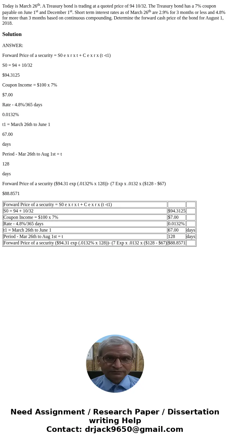 Today is March 26th. A Treasury bond is trading at a quoted price of 94 10/32. The Treasury bond has a 7% coupon payable on June 1st and December 1st. Short ter Today is March 26th. A Treasury bond is trading at a quoted price of 94 10/32. The Treasury bond has a 7% coupon payable on June 1st and December 1st. Short ter