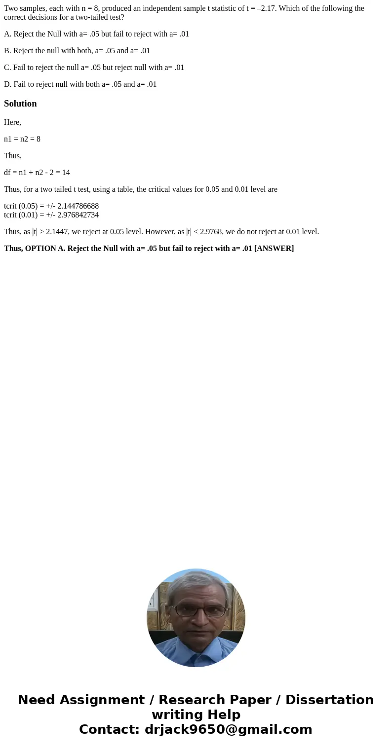 Two samples, each with n = 8, produced an independent sample t statistic of t = –2.17. Which of the following the correct decisions for a two-tailed test? A. Re