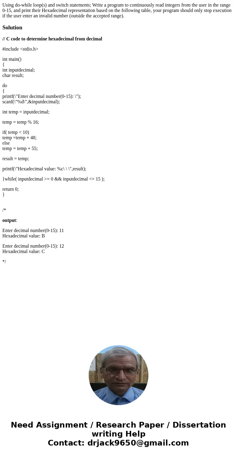  Using do-while loop(s) and switch statements; Write a program to continuously read integers from the user in the range 0-15, and print their Hexadecimal repres