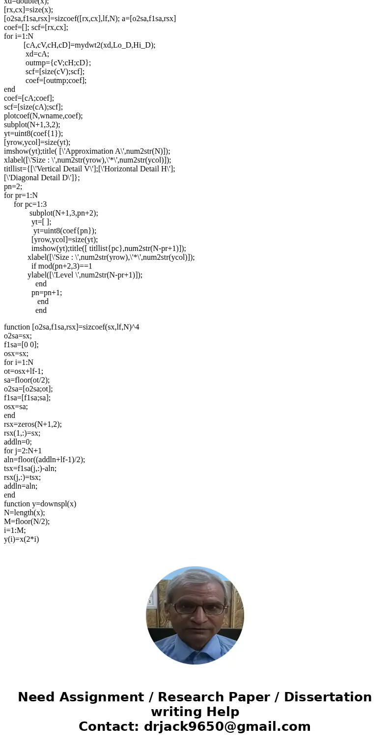 wavelet decomposition process code in matlab???Solution WAVELET DECOMPOSITION PROCESS :- function [coef,scf]=mywavedec2(x,N, wname) coef={cA_N;cV_N;cH_N;cD_N;cV