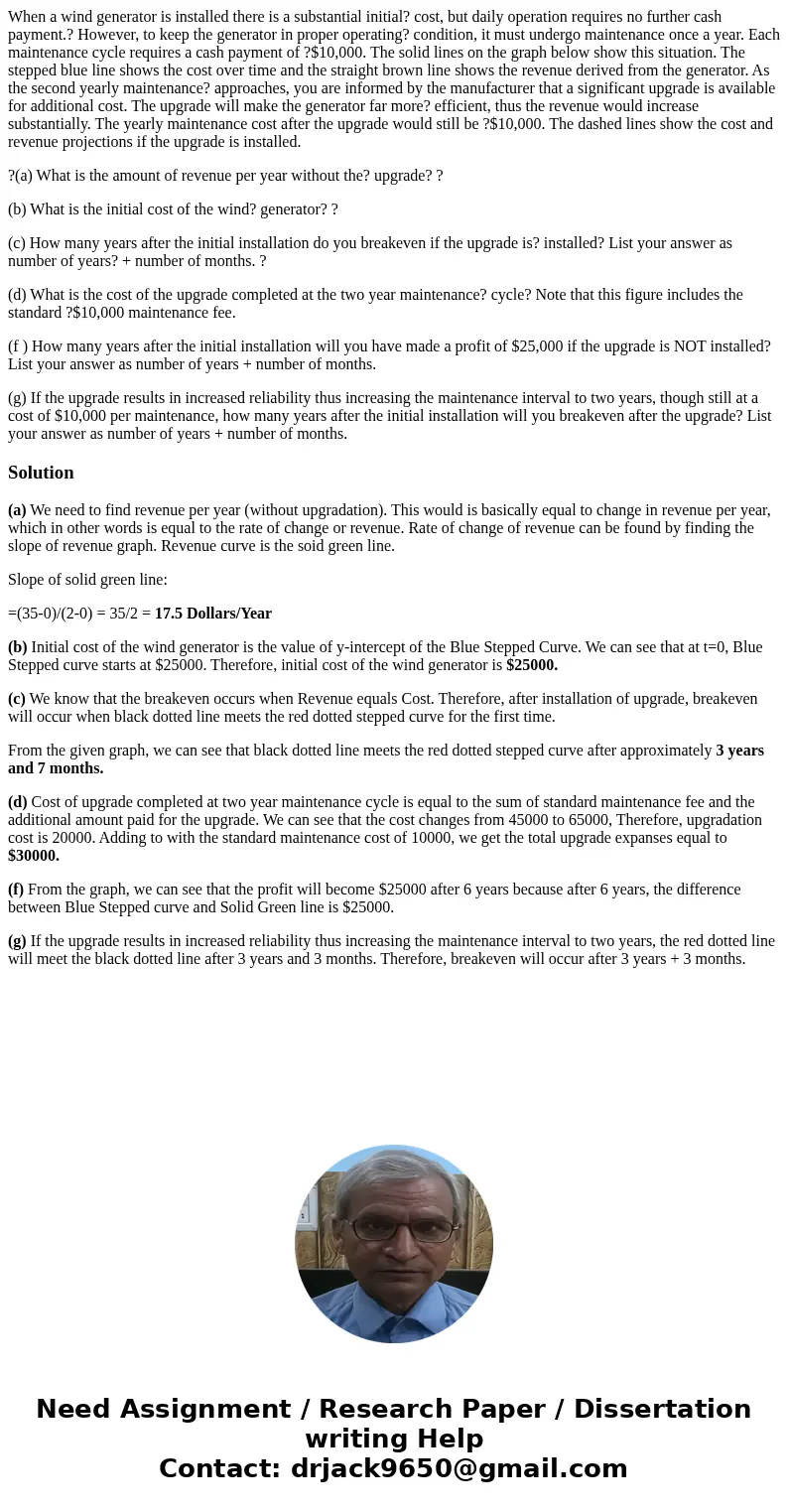 When a wind generator is installed there is a substantial initial? cost, but daily operation requires no further cash payment.? However, to keep the generator i When a wind generator is installed there is a substantial initial? cost, but daily operation requires no further cash payment.? However, to keep the generator i