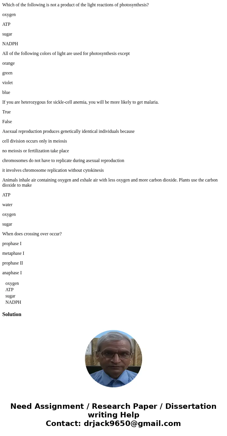 Which of the following is not a product of the light reactions of photosynthesis? oxygen ATP sugar NADPH All of the following colors of light are used for photo Which of the following is not a product of the light reactions of photosynthesis? oxygen ATP sugar NADPH All of the following colors of light are used for photo