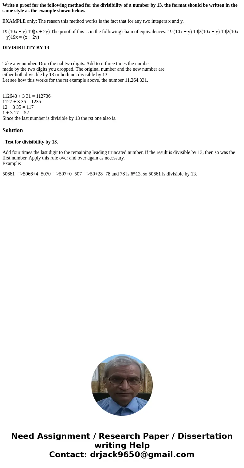 Write a proof for the following method for the divisibility of a number by 13, the format should be written in the same style as the example shown below. EXAMPL
