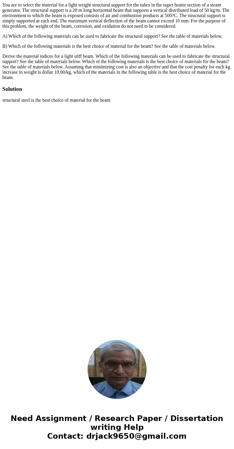 You are to select the material for a light weight structural support for the tubes in the super heater section of a steam generator. The structural support is a You are to select the material for a light weight structural support for the tubes in the super heater section of a steam generator. The structural support is a