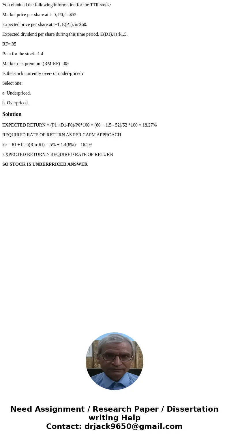 You obtained the following information for the TTR stock: Market price per share at t=0, P0, is $52. Expected price per share at t=1, E(P1), is $60. Expected di You obtained the following information for the TTR stock: Market price per share at t=0, P0, is $52. Expected price per share at t=1, E(P1), is $60. Expected di