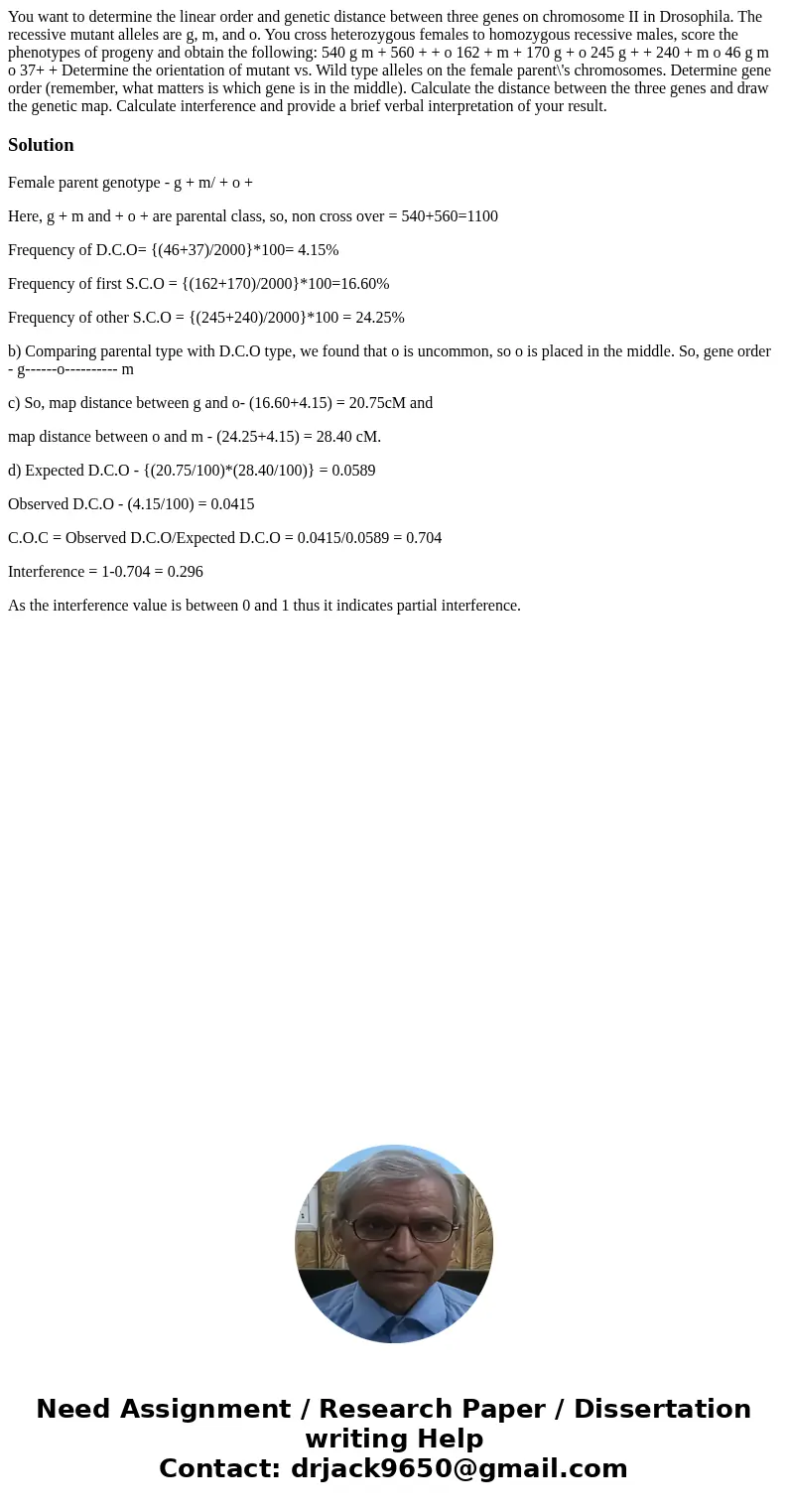 You want to determine the linear order and genetic distance between three genes on chromosome II in Drosophila. The recessive mutant alleles are g, m, and o. Y  You want to determine the linear order and genetic distance between three genes on chromosome II in Drosophila. The recessive mutant alleles are g, m, and o. Y