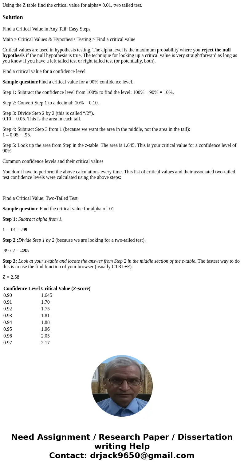 Using the Z table find the critical value for alpha= 0.01, two tailed test.SolutionFind a Critical Value in Any Tail: Easy Steps Main > Critical Values & Using the Z table find the critical value for alpha= 0.01, two tailed test.SolutionFind a Critical Value in Any Tail: Easy Steps Main > Critical Values &
