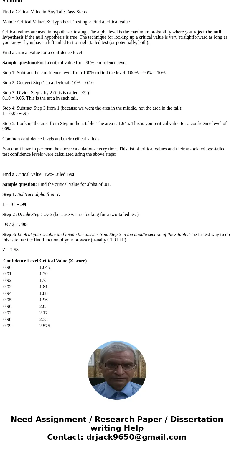 Using the Z table find the critical value for alpha= 0.01, two tailed test.SolutionFind a Critical Value in Any Tail: Easy Steps Main > Critical Values & Using the Z table find the critical value for alpha= 0.01, two tailed test.SolutionFind a Critical Value in Any Tail: Easy Steps Main > Critical Values &