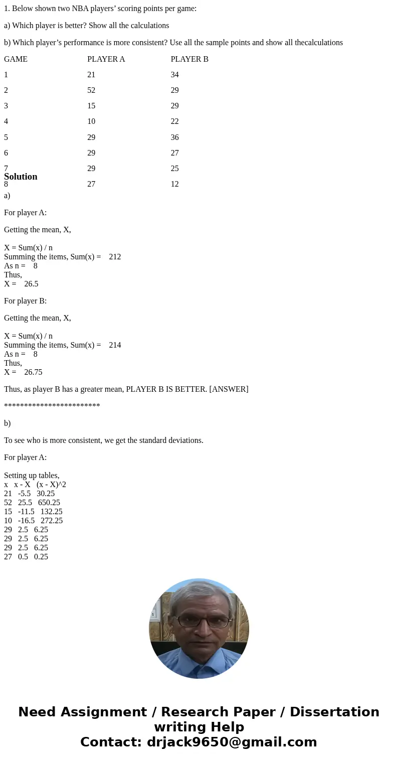 1. Below shown two NBA players’ scoring points per game: a) Which player is better? Show all the calculations b) Which player’s performance is more consistent?  1. Below shown two NBA players’ scoring points per game: a) Which player is better? Show all the calculations b) Which player’s performance is more consistent?