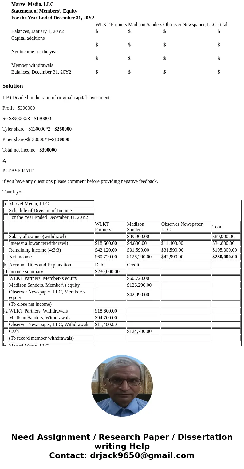 1) Dividing Partnership Income( just part B FOR QUESTION 1 ) Tyler Hawes and Piper Albright formed a partnership, investing $288,000 and $192,000, respectively.
