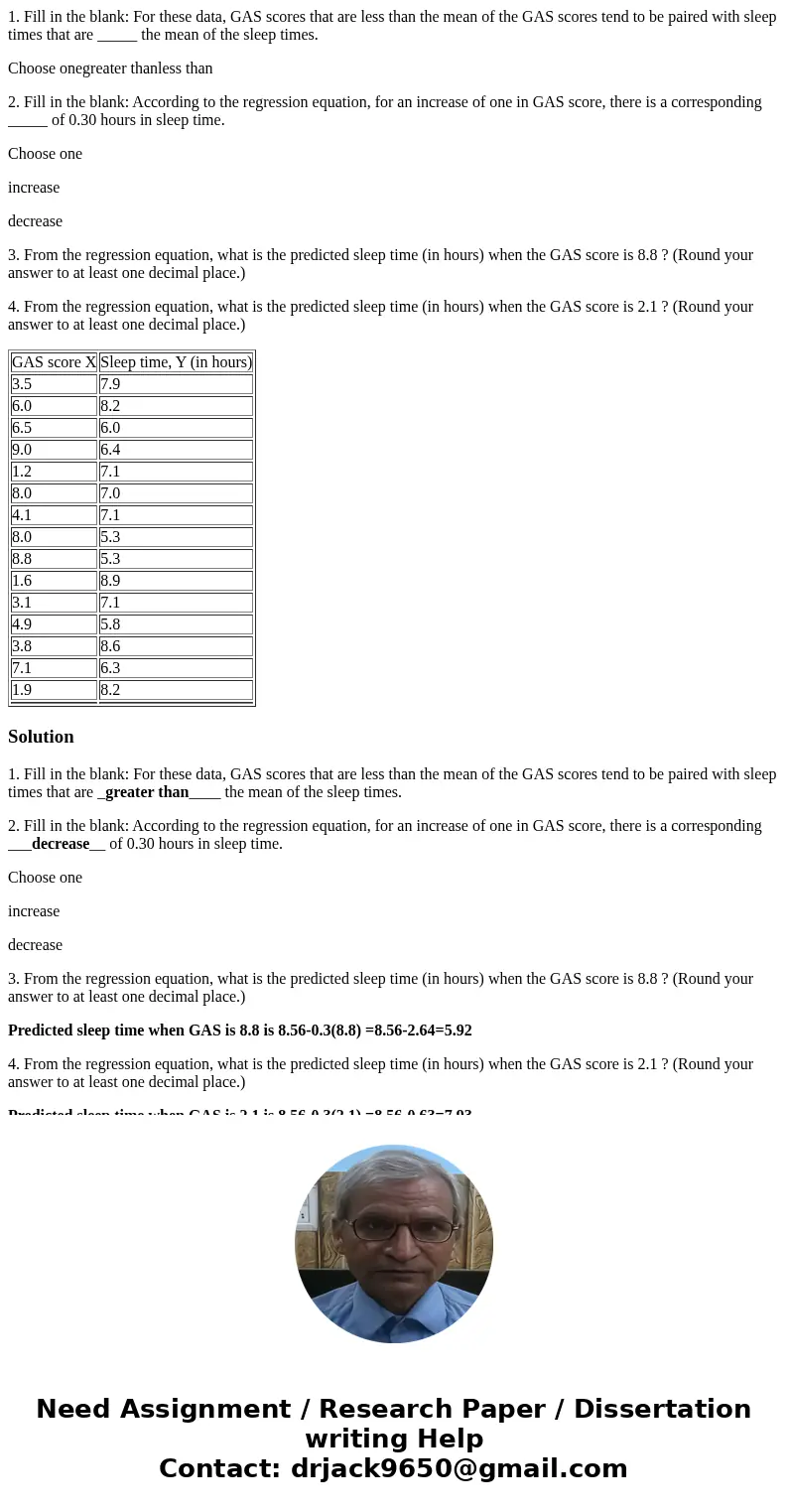 1. Fill in the blank: For these data, GAS scores that are less than the mean of the GAS scores tend to be paired with sleep times that are _____ the mean of the 1. Fill in the blank: For these data, GAS scores that are less than the mean of the GAS scores tend to be paired with sleep times that are _____ the mean of the