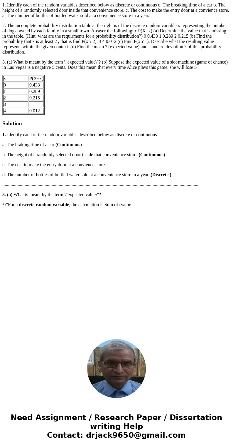 1. Identify each of the random variables described below as discrete or continuous d. The breaking time of a car b. The height of a randomly selected door insid 1. Identify each of the random variables described below as discrete or continuous d. The breaking time of a car b. The height of a randomly selected door insid