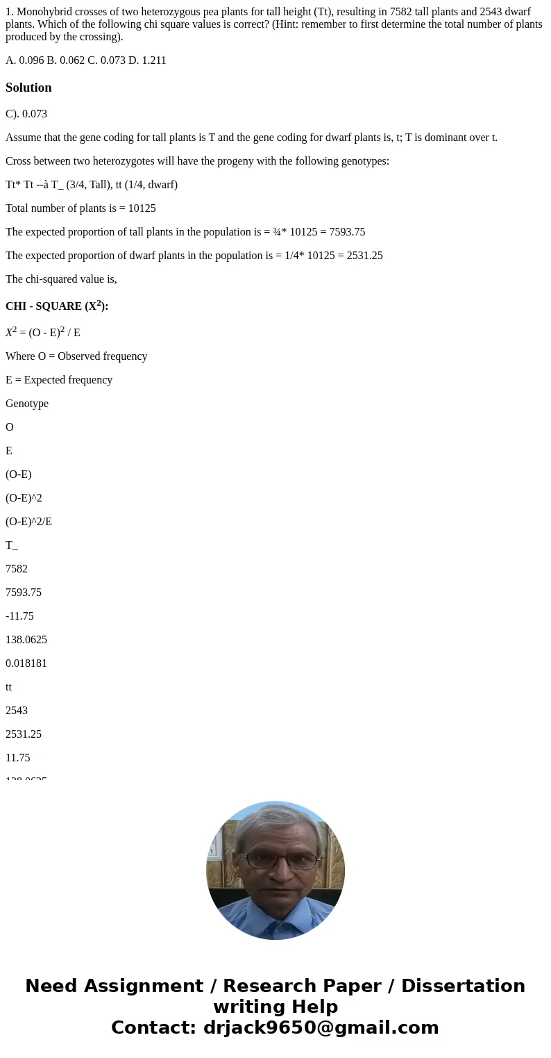 1. Monohybrid crosses of two heterozygous pea plants for tall height (Tt), resulting in 7582 tall plants and 2543 dwarf plants. Which of the following chi squar 1. Monohybrid crosses of two heterozygous pea plants for tall height (Tt), resulting in 7582 tall plants and 2543 dwarf plants. Which of the following chi squar