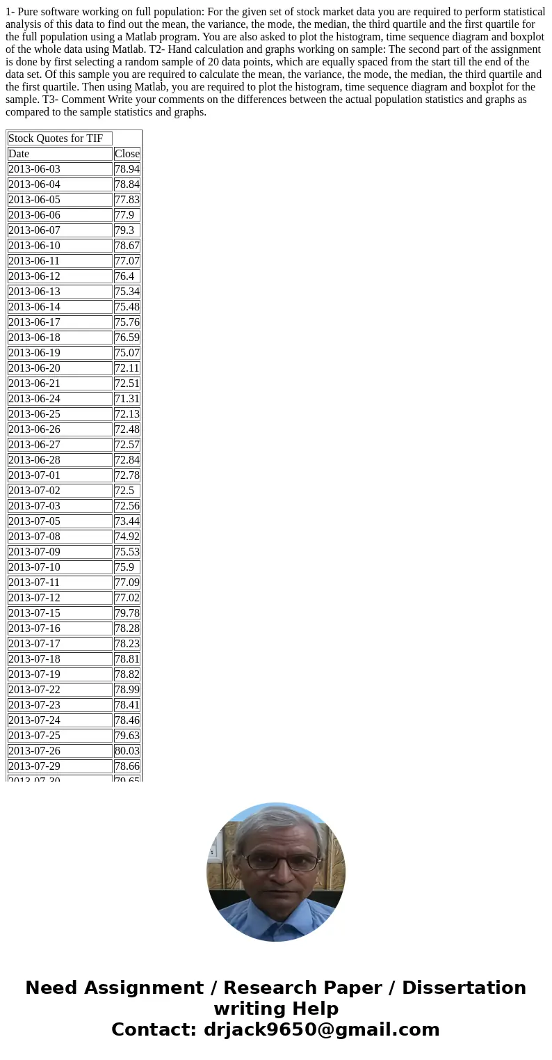 1- Pure software working on full population: For the given set of stock market data you are required to perform statistical analysis of this data to find out th
