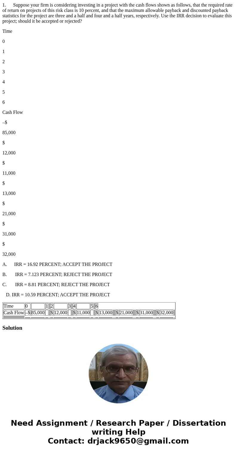 1. Suppose your firm is considering investing in a project with the cash flows shown as follows, that the required rate of return on projects of this risk class