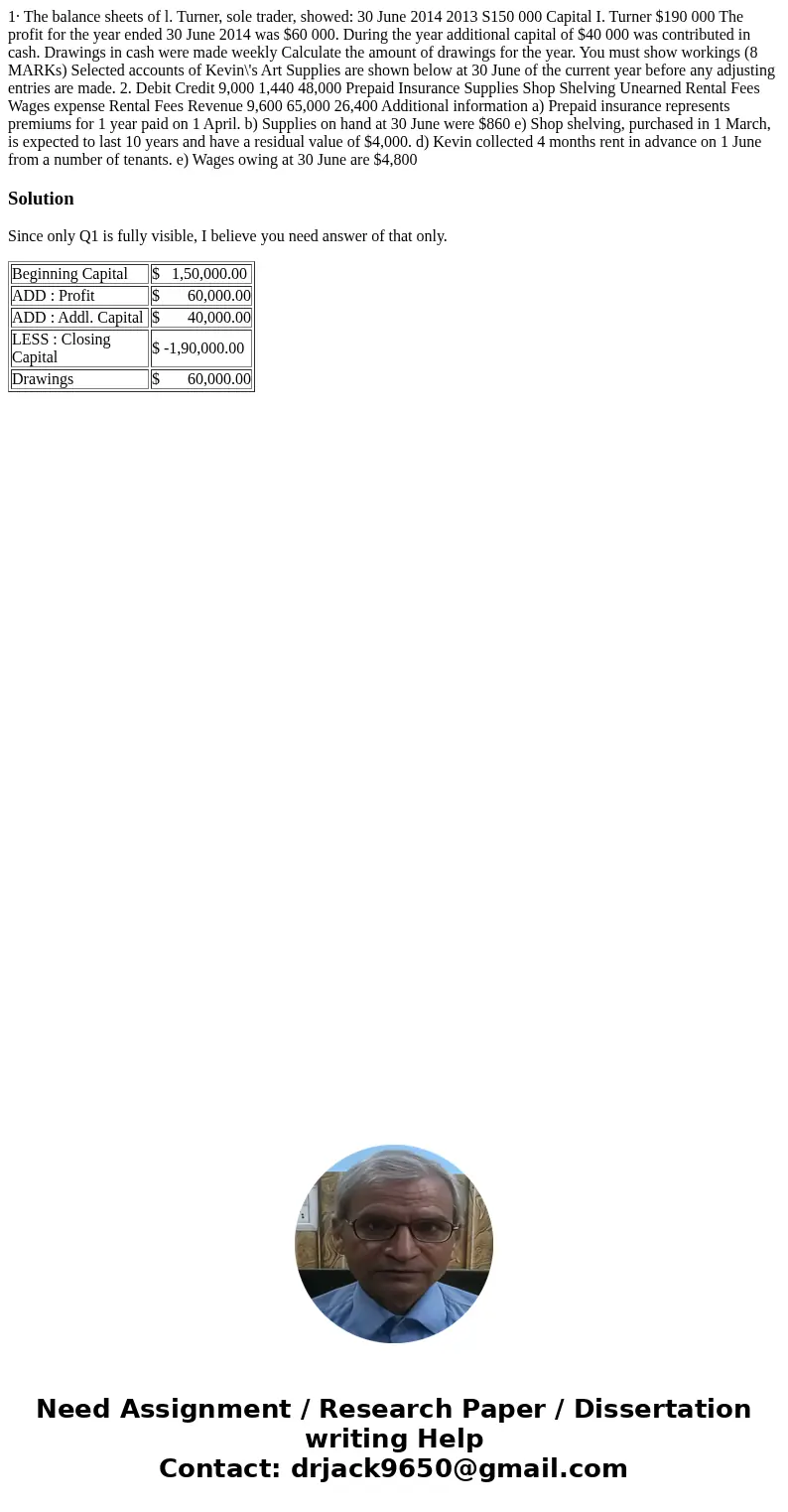  1· The balance sheets of l. Turner, sole trader, showed: 30 June 2014 2013 S150 000 Capital I. Turner $190 000 The profit for the year ended 30 June 2014 was $