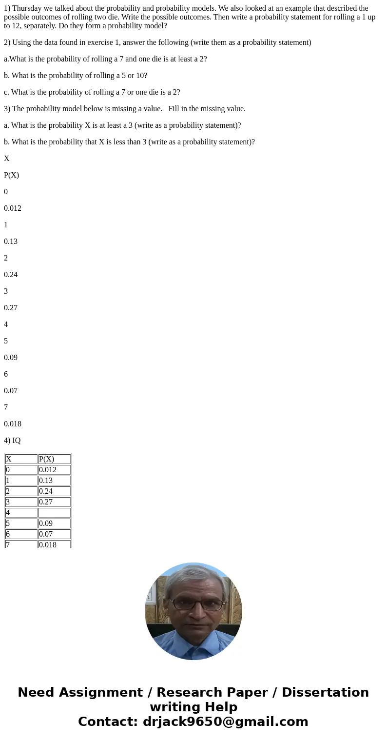 1) Thursday we talked about the probability and probability models. We also looked at an example that described the possible outcomes of rolling two die. Write  1) Thursday we talked about the probability and probability models. We also looked at an example that described the possible outcomes of rolling two die. Write