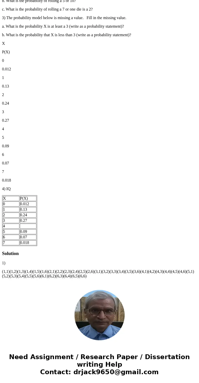 1) Thursday we talked about the probability and probability models. We also looked at an example that described the possible outcomes of rolling two die. Write  1) Thursday we talked about the probability and probability models. We also looked at an example that described the possible outcomes of rolling two die. Write