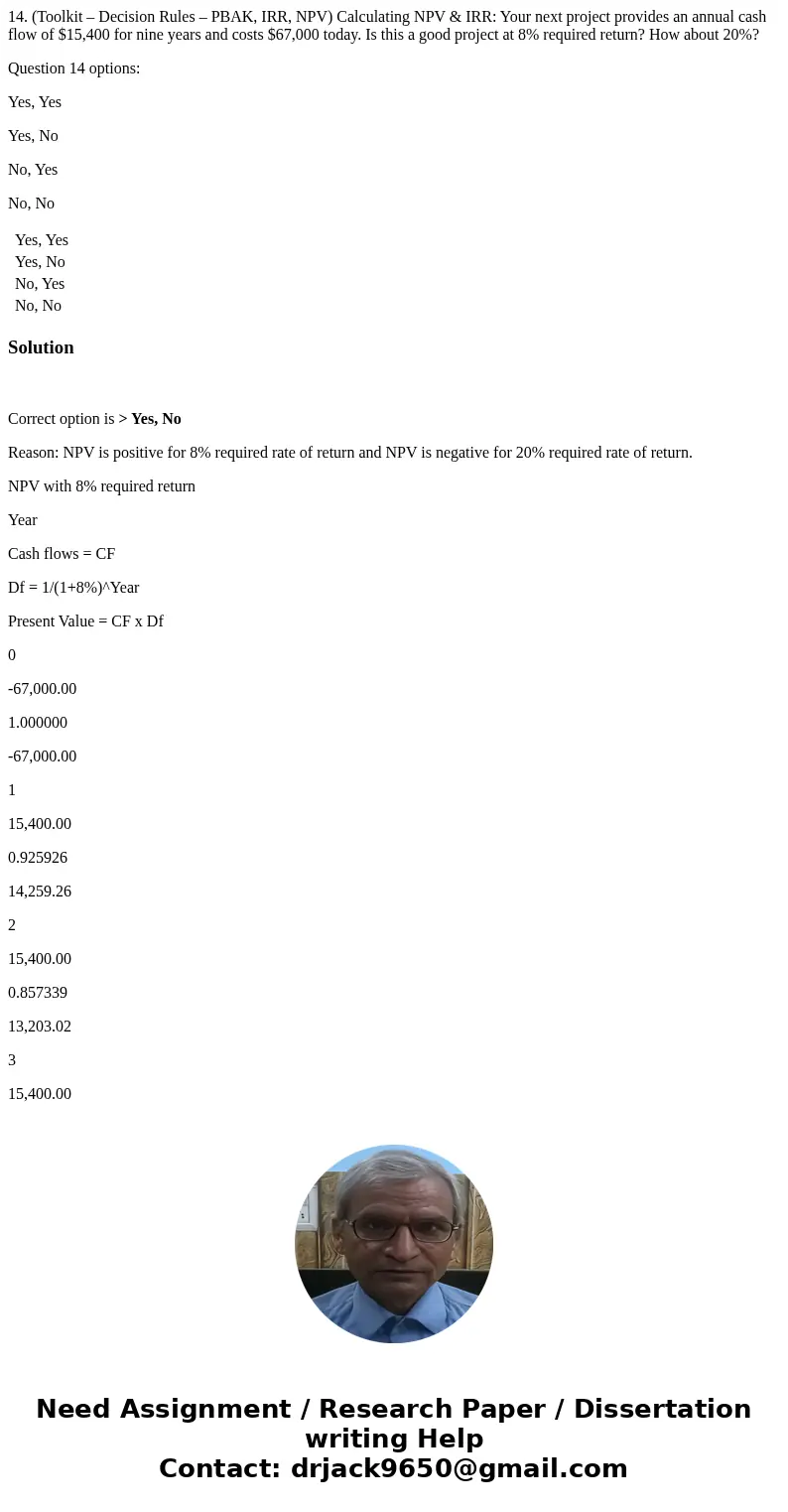 14. (Toolkit – Decision Rules – PBAK, IRR, NPV) Calculating NPV & IRR: Your next project provides an annual cash flow of $15,400 for nine years and costs $6 14. (Toolkit – Decision Rules – PBAK, IRR, NPV) Calculating NPV & IRR: Your next project provides an annual cash flow of $15,400 for nine years and costs $6
