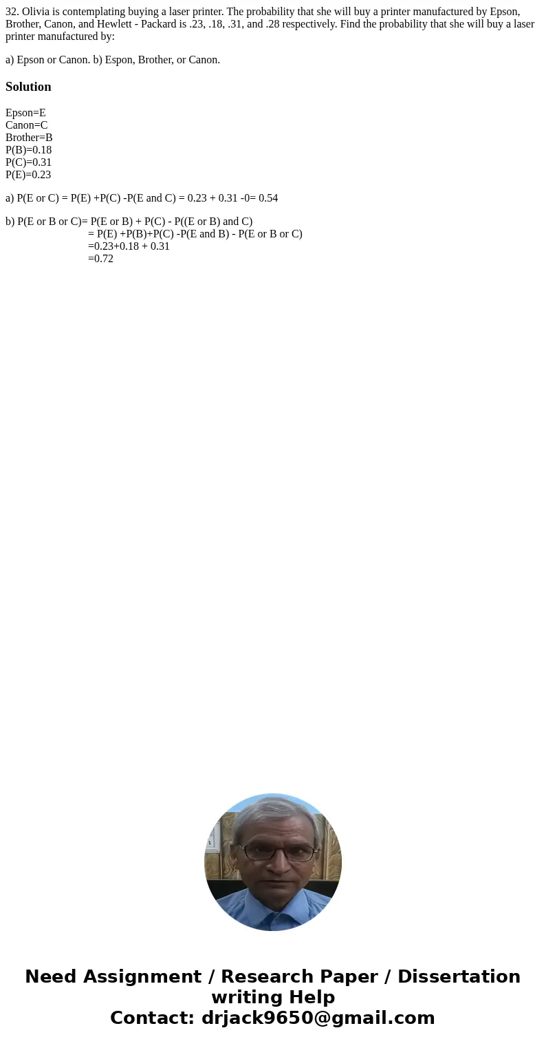32. Olivia is contemplating buying a laser printer. The probability that she will buy a printer manufactured by Epson, Brother, Canon, and Hewlett - Packard is  32. Olivia is contemplating buying a laser printer. The probability that she will buy a printer manufactured by Epson, Brother, Canon, and Hewlett - Packard is