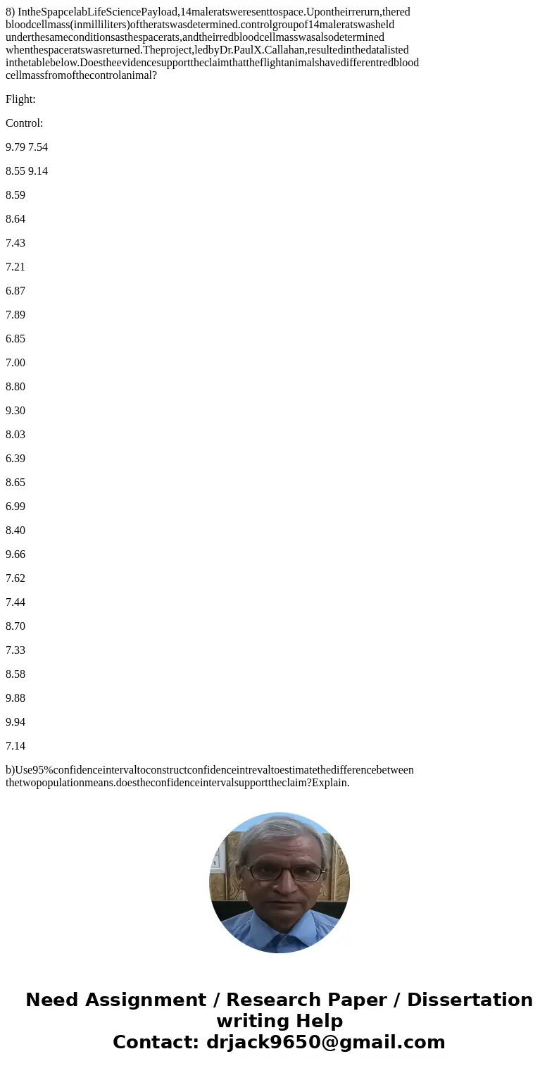 8) IntheSpapcelabLifeSciencePayload,14maleratsweresenttospace.Upontheirrerurn,thered bloodcellmass(inmilliliters)oftheratswasdetermined.controlgroupof14malerats 8) IntheSpapcelabLifeSciencePayload,14maleratsweresenttospace.Upontheirrerurn,thered bloodcellmass(inmilliliters)oftheratswasdetermined.controlgroupof14malerats