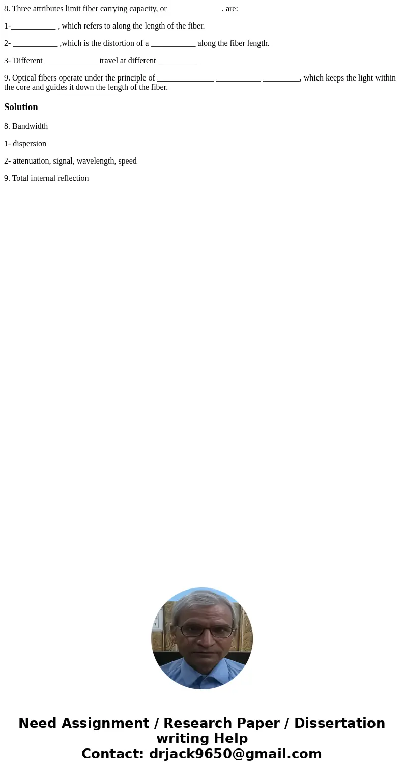 8. Three attributes limit fiber carrying capacity, or _____________, are: 1-___________ , which refers to along the length of the fiber. 2- ___________ ,which i 8. Three attributes limit fiber carrying capacity, or _____________, are: 1-___________ , which refers to along the length of the fiber. 2- ___________ ,which i